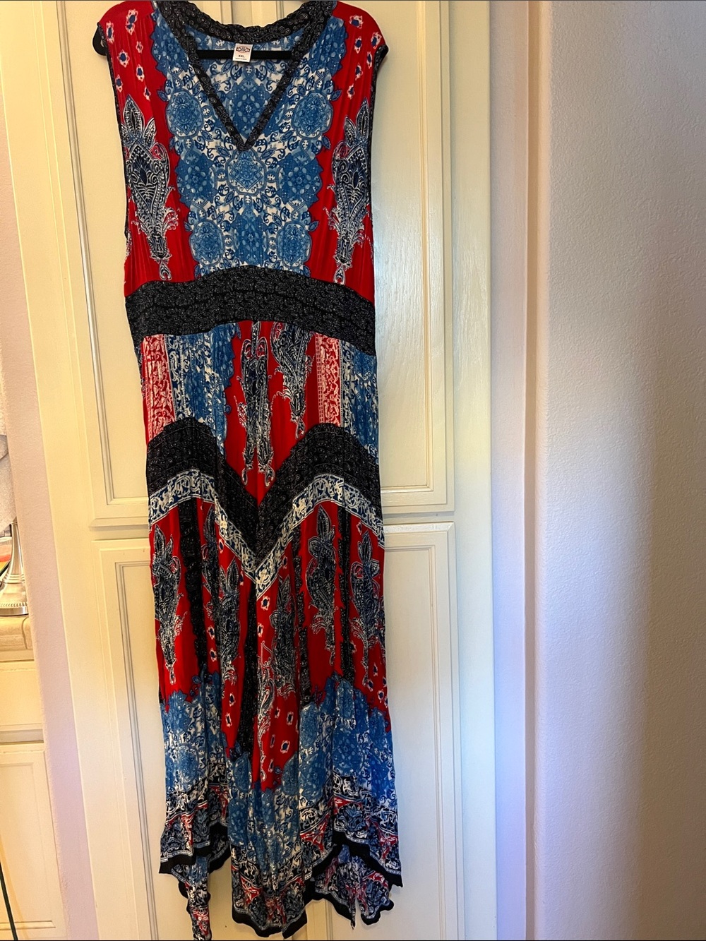 Bila Red, Blue & Black Patterned Sleeveless Maxi Dress